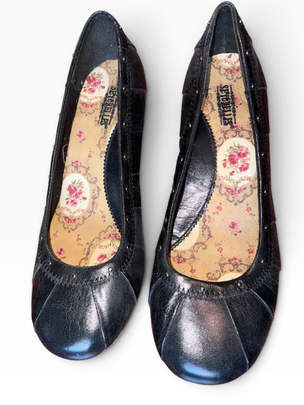 Seychelles Black Leather Wedge Ballet Flats Size 8 Studded Wooden Wedge Boho